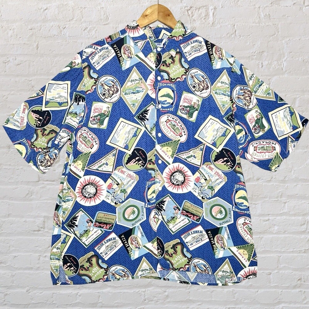 Reyn Spooner Hawaiian Shirt Men’s L  Asian Rayon Pacific Stamps Colorful Summer
